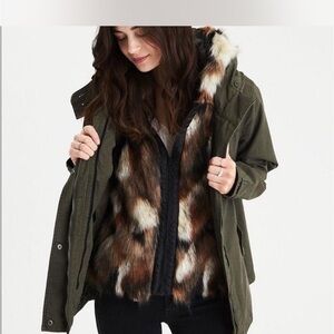 American Eagle Outfitters Olive Utility Jacket with Faux Fur